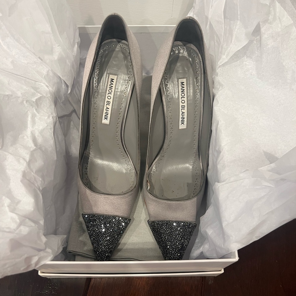 Manolo Blahnik Gray and Black Heels with Sparkling Toe Caps
